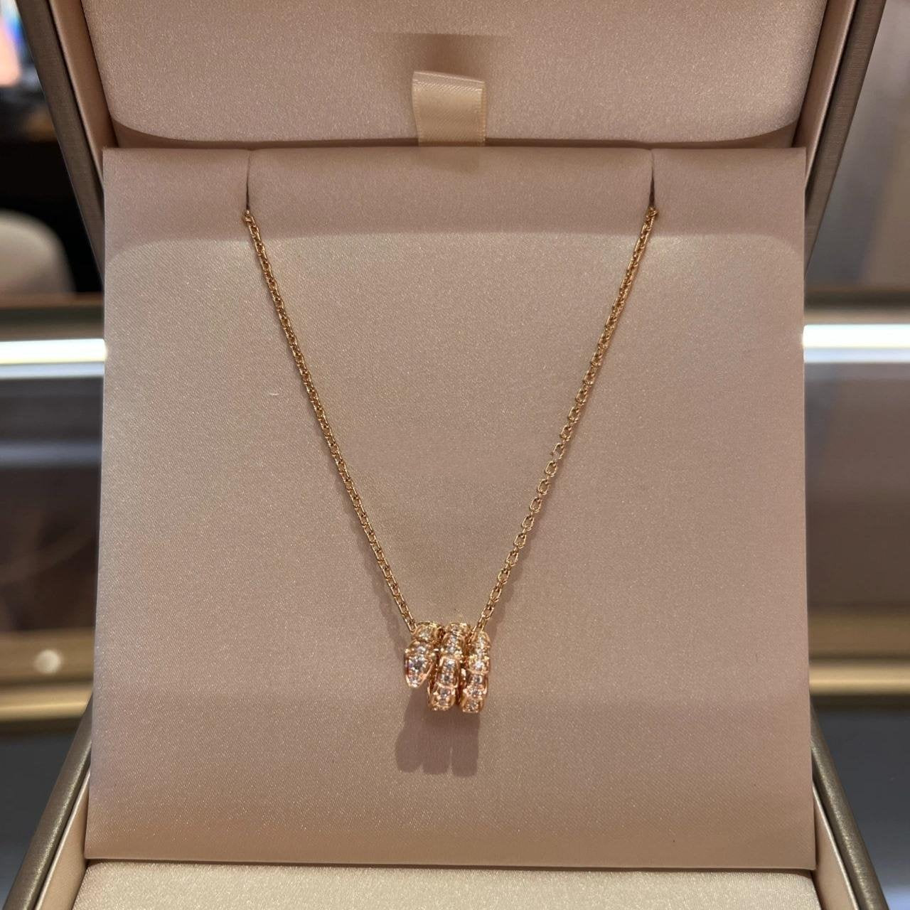 BVLGARI SERPENTI PINK GOLD NECKLACE DOUBLE RING DIAMOND