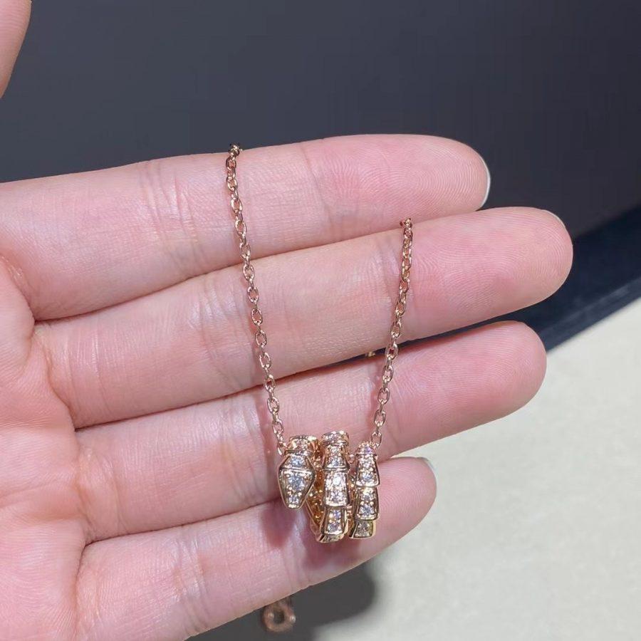 BVLGARI SERPENTI PINK GOLD NECKLACE DOUBLE RING DIAMOND