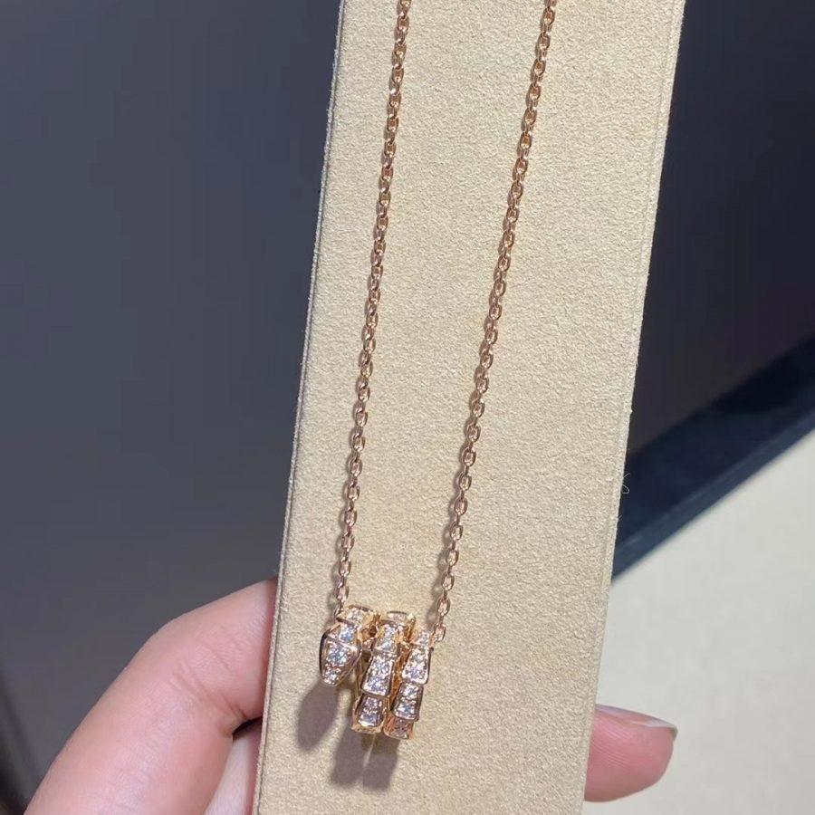 BVLGARI SERPENTI PINK GOLD NECKLACE DOUBLE RING DIAMOND