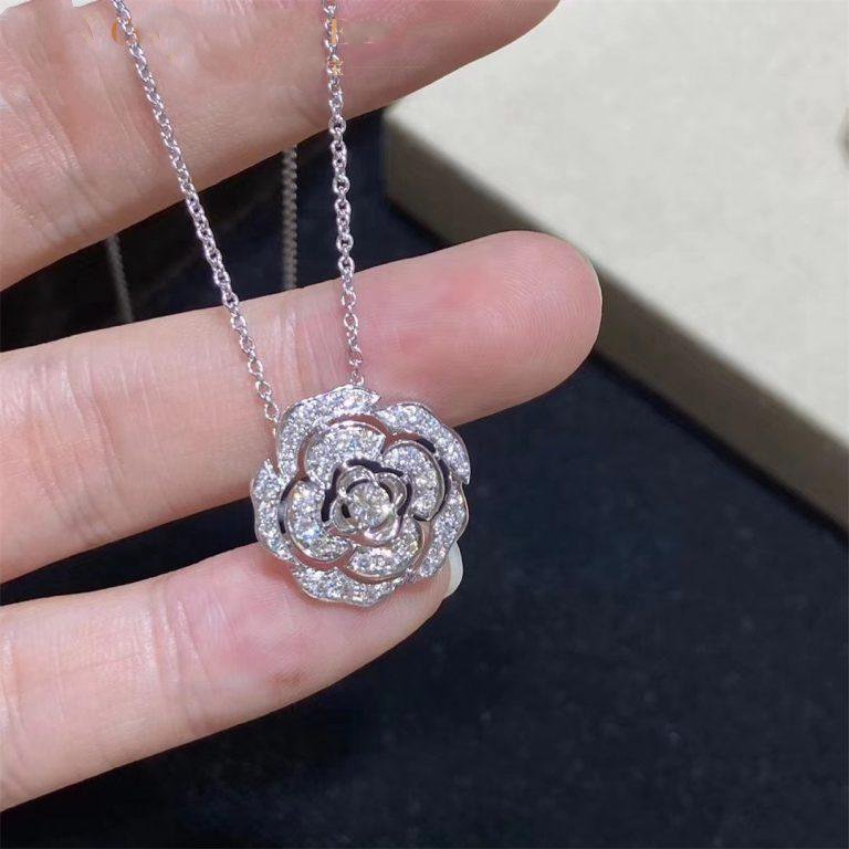 Chanel Bouton De Camelia Necklace Silver Diamond