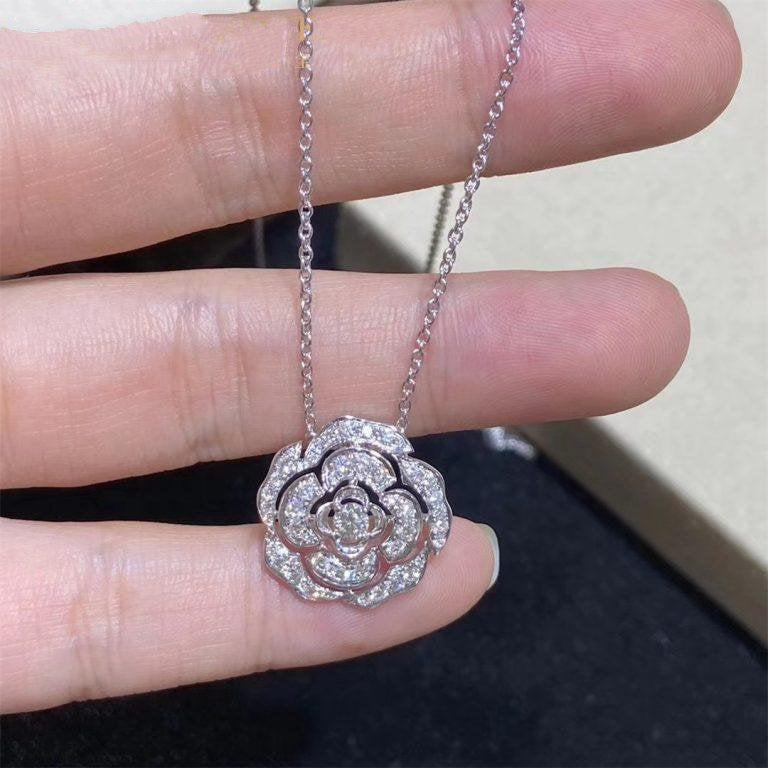 Chanel Bouton De Camelia Necklace Silver Diamond