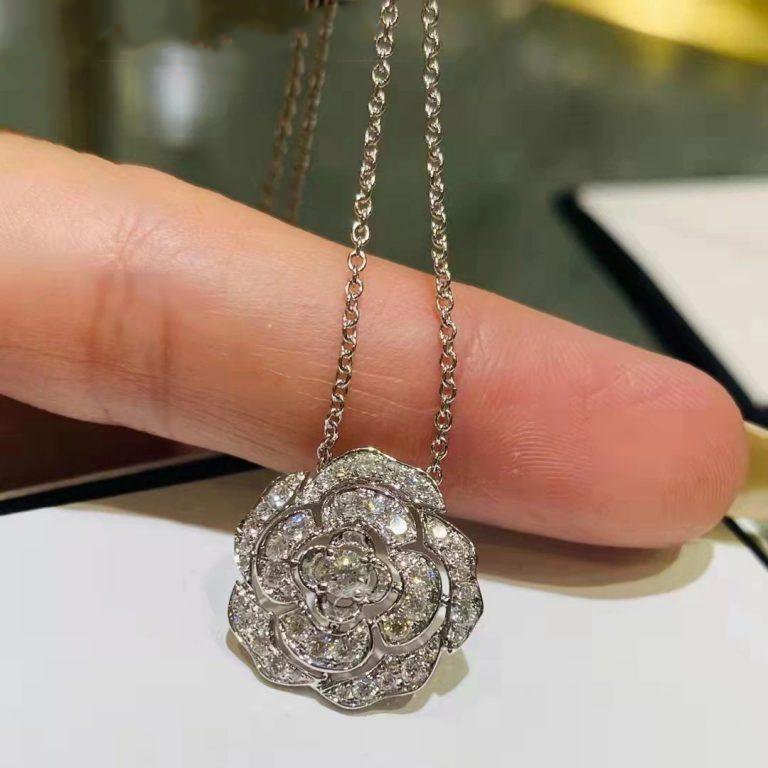 Chanel Bouton De Camelia Necklace Silver Diamond
