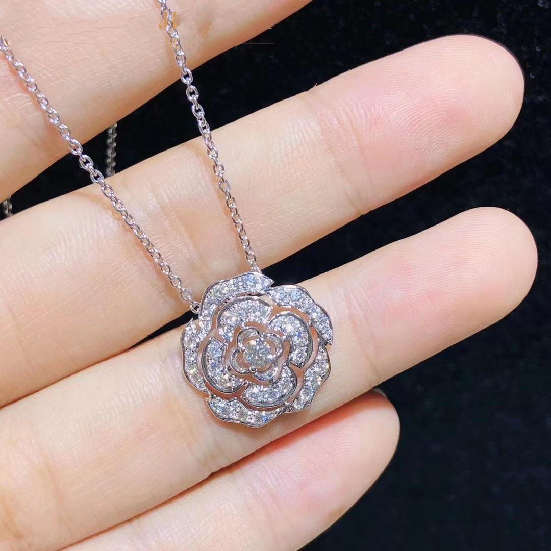 Chanel Bouton De Camelia Necklace Silver Diamond