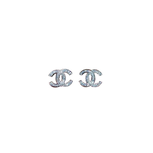 Chanel Logo Earrings Small Silver Diamond