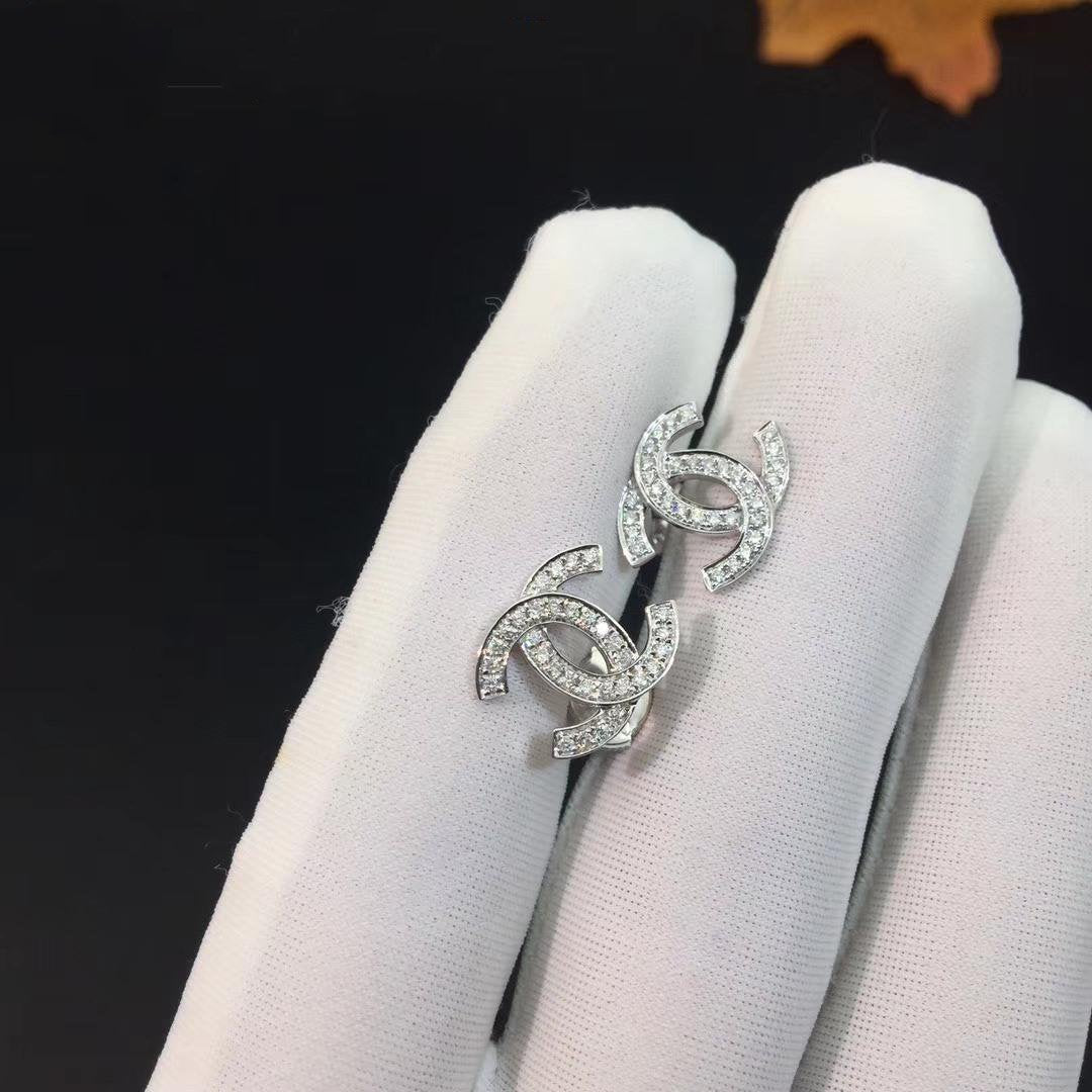 Chanel Logo Earrings Small Silver Diamond