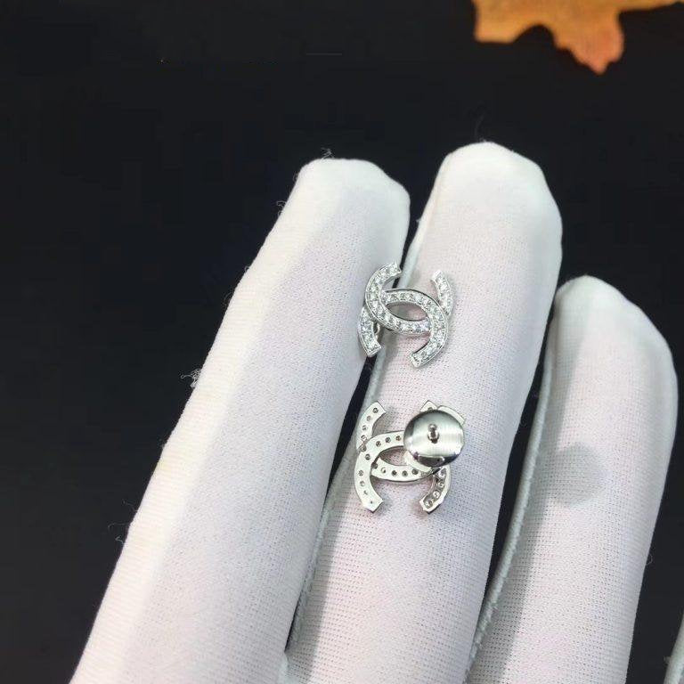 Chanel Logo Earrings Small Silver Diamond