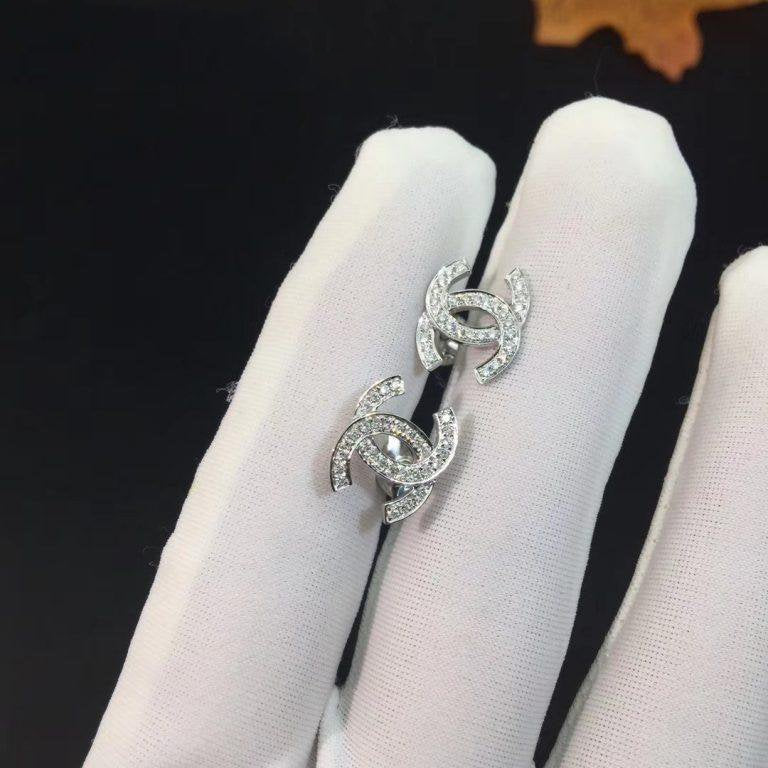 Chanel Logo Earrings Small Silver Diamond