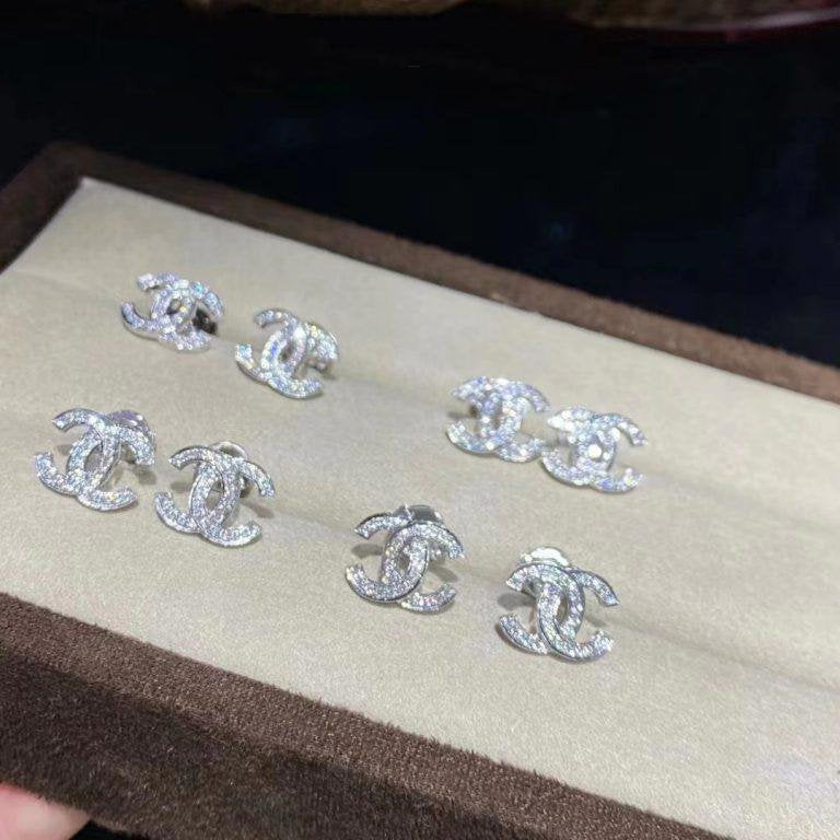 Chanel Logo Earrings Small Silver Diamond