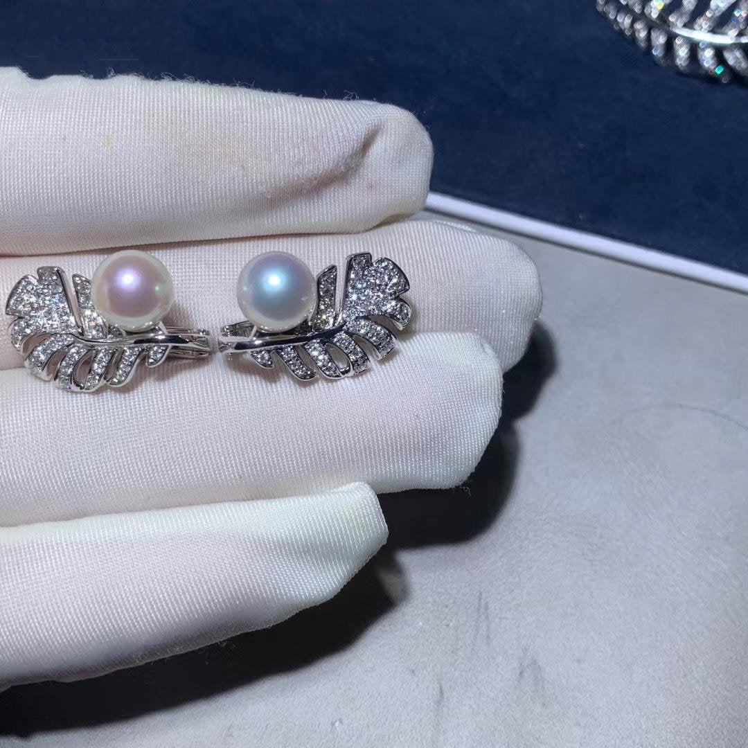 Chanel Plume De Earrings Silver Diamond Pearl