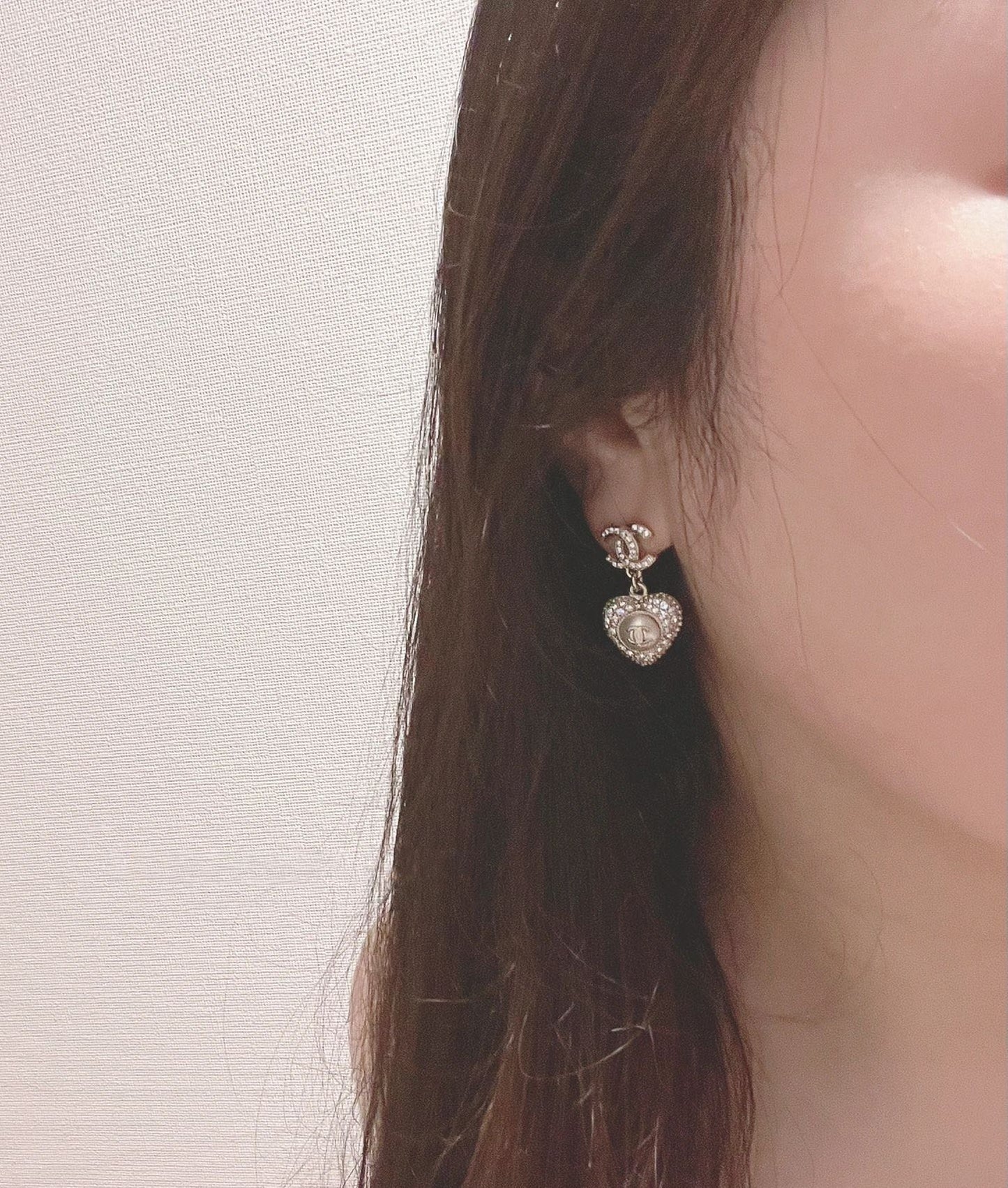 Chanel Logo Diamond Paved Heart Mop Drop Earrings