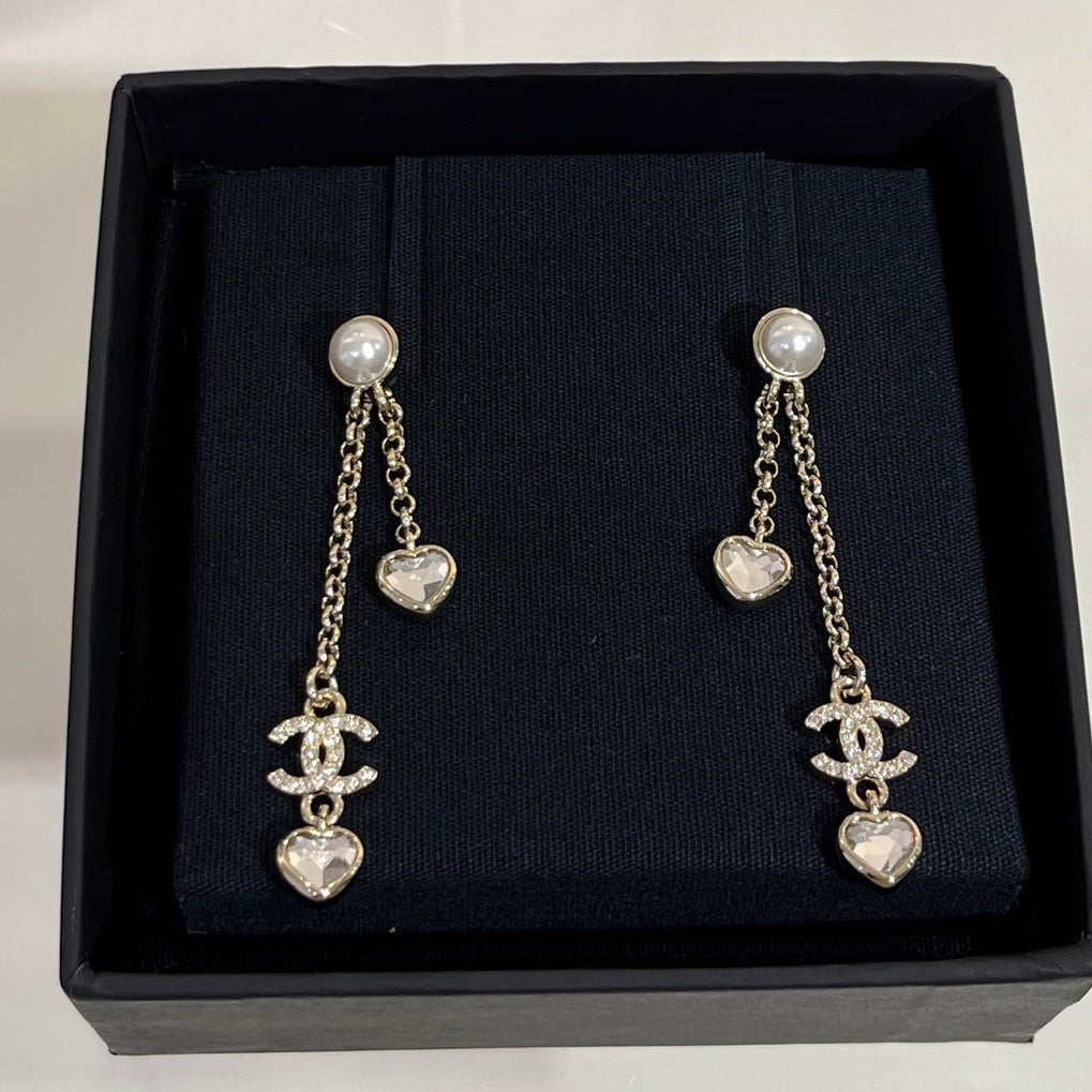 Chanel Light Gold Full Diamond Double C Heart Diamond Crystal Long Earrings