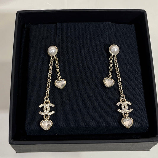 Chanel Light Gold Full Diamond Double C Heart Diamond Crystal Long Earrings