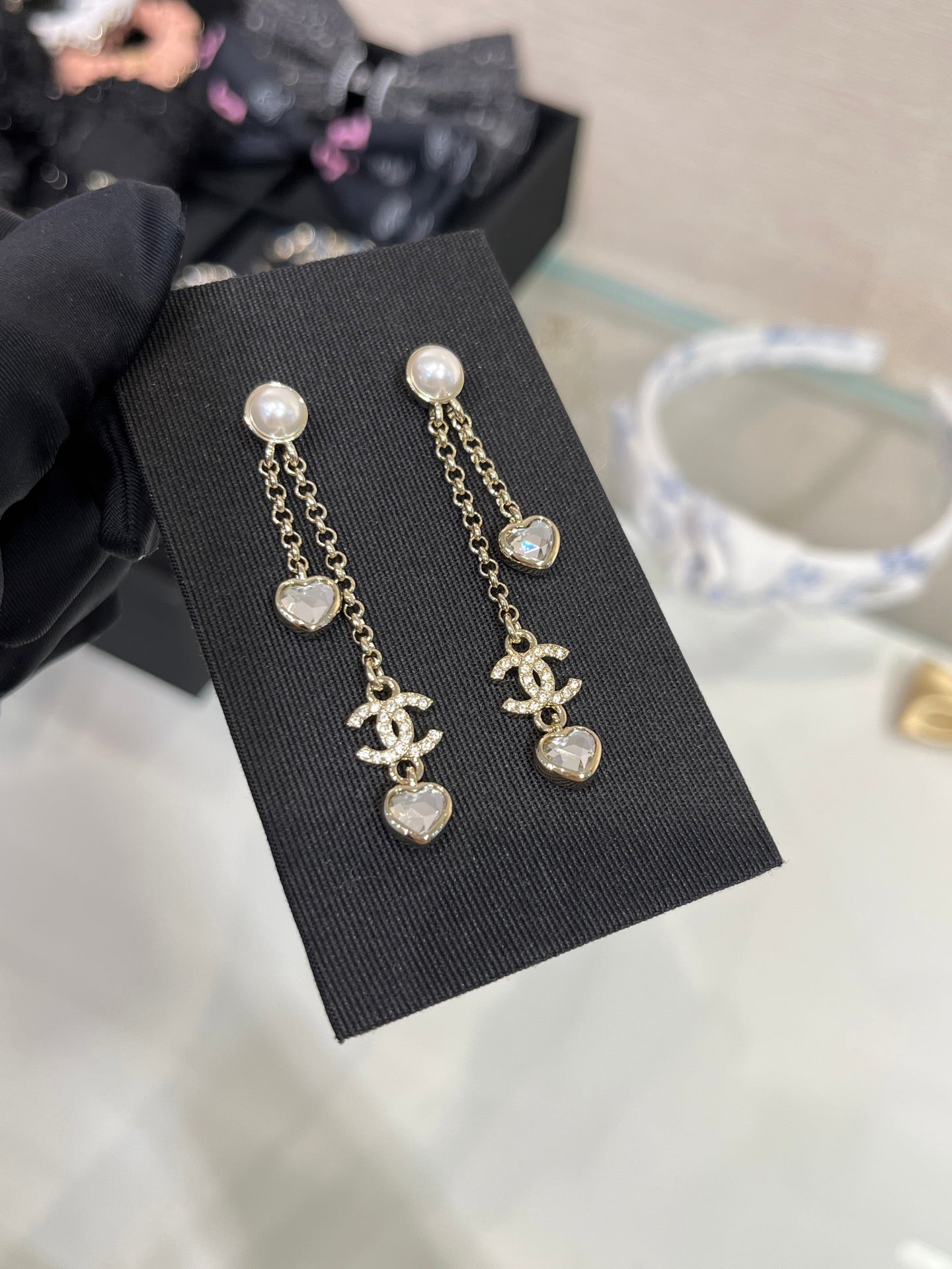 Chanel Light Gold Full Diamond Double C Heart Diamond Crystal Long Earrings