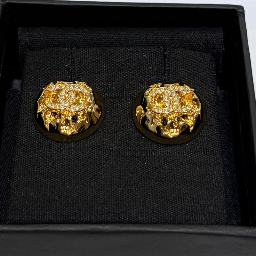 Chanel 2026 Gold Full Diamond Double C Gold Ball Stud Earrings