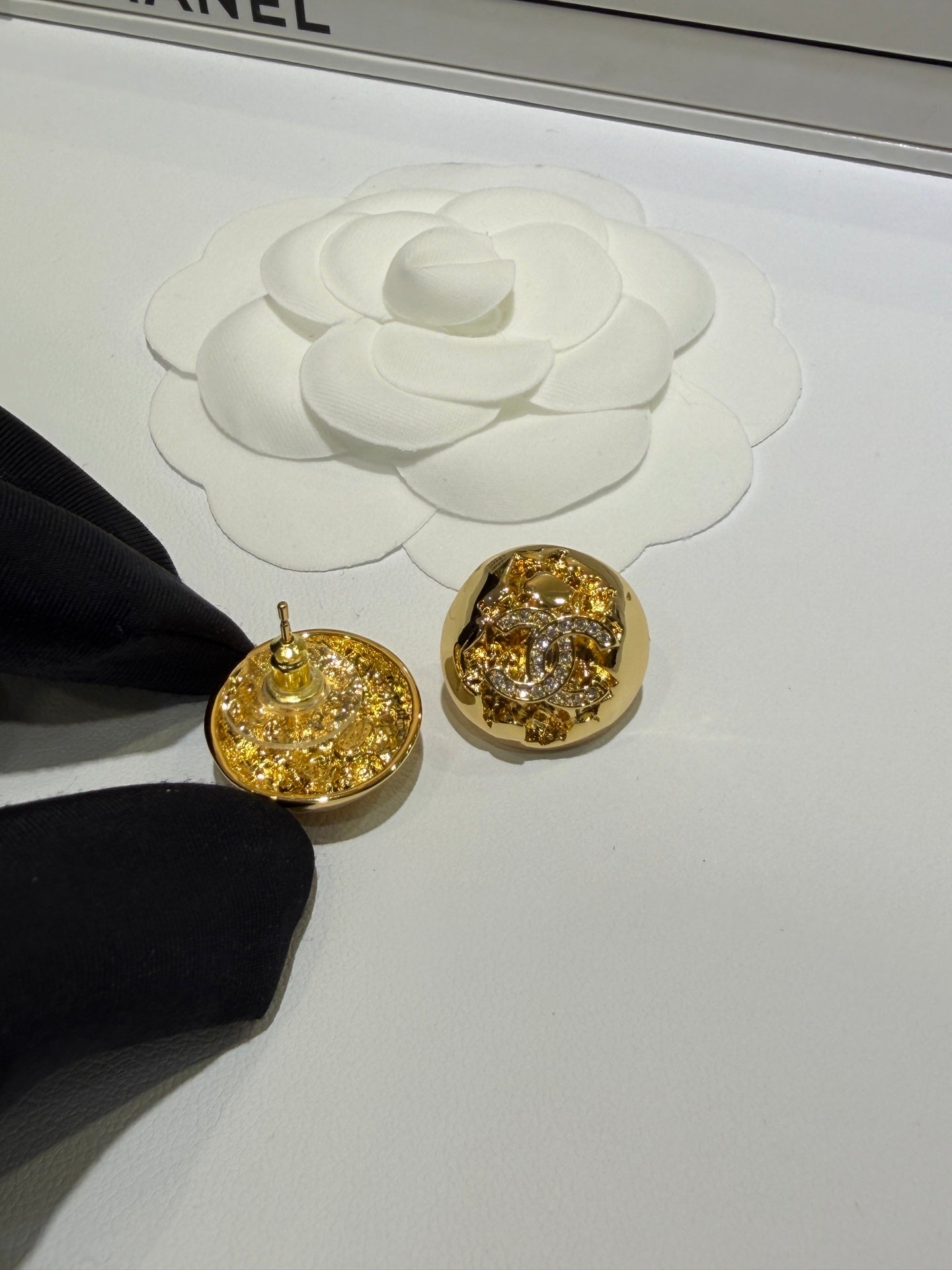 Chanel 2026 Gold Full Diamond Double C Gold Ball Stud Earrings