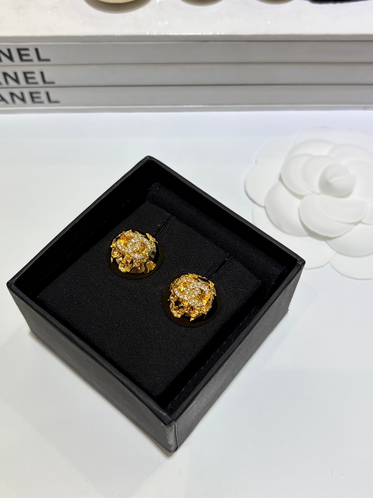 Chanel 2026 Gold Full Diamond Double C Gold Ball Stud Earrings