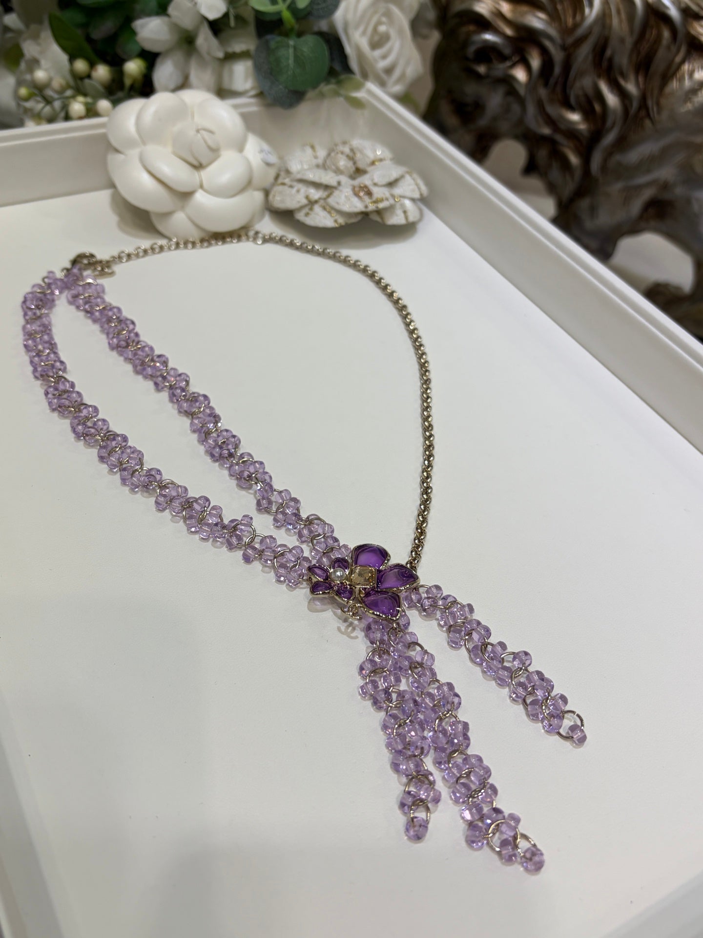 Chanel 2026 Double C Light Purple Beaded Asymmetrical Flower Necklace
