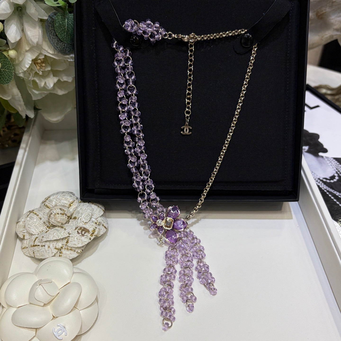 Chanel 2026 Double C Light Purple Beaded Asymmetrical Flower Necklace