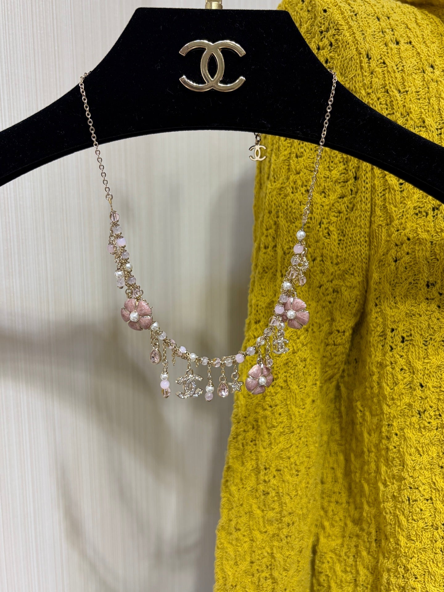 Chanel 2026 Light Gold Double C Pink Flower Pearl Tassel Necklace