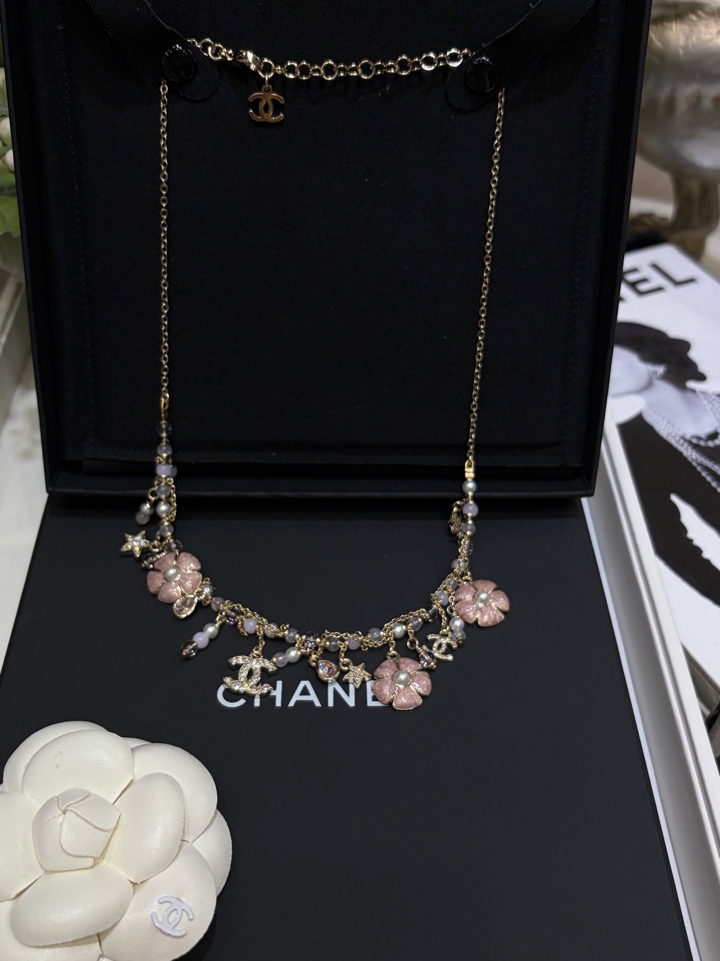Chanel 2026 Light Gold Double C Pink Flower Pearl Tassel Necklace