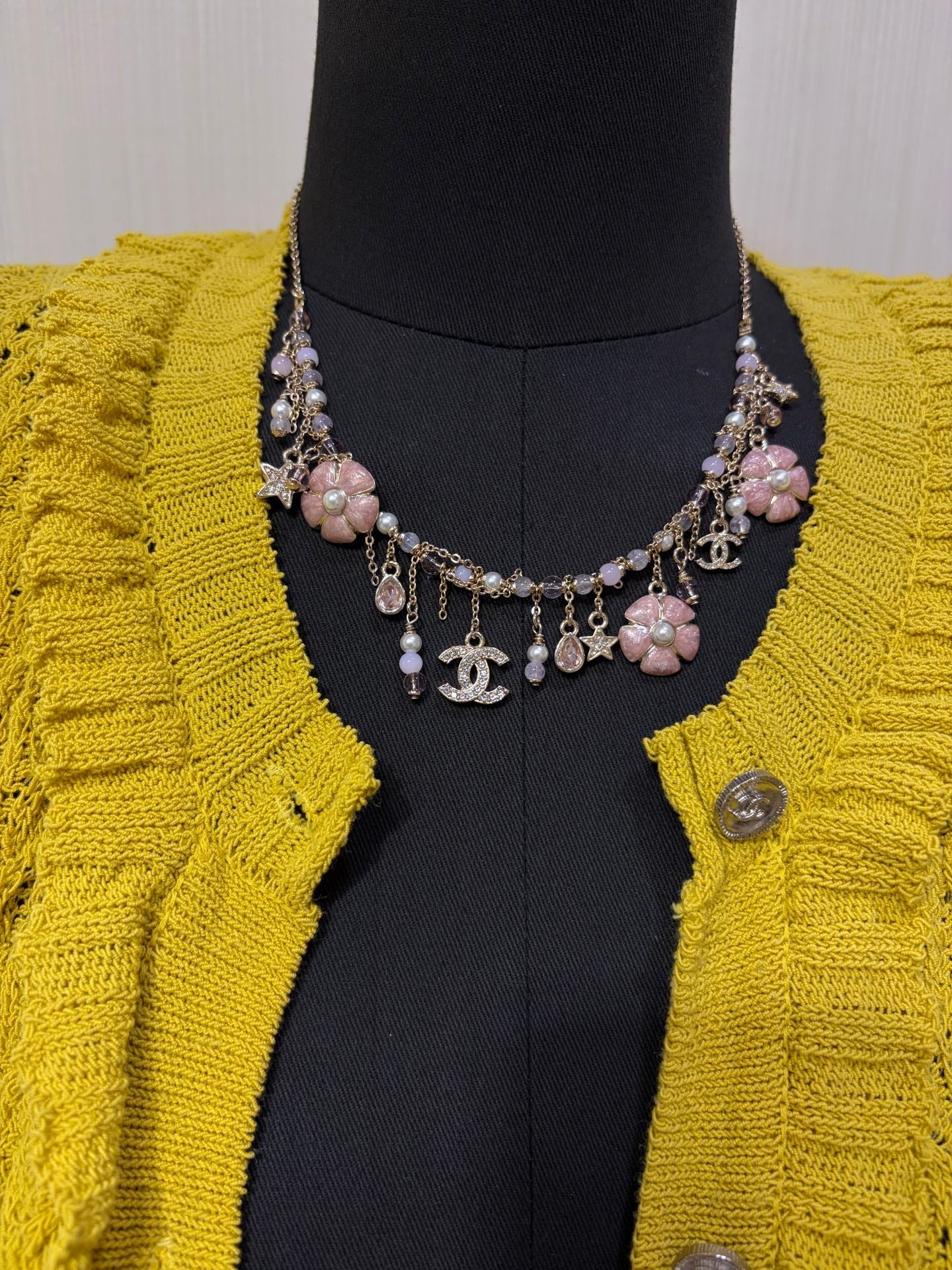 Chanel 2026 Light Gold Double C Pink Flower Pearl Tassel Necklace