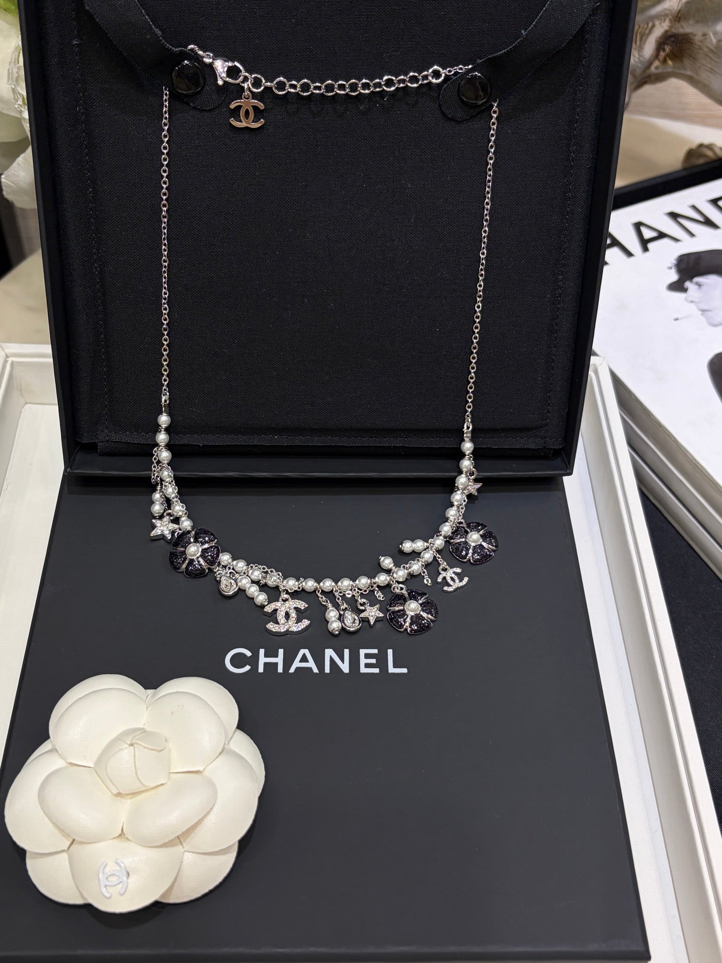 Chanel 2026 Silver Double C Black Flower Pearl Tassel Necklace