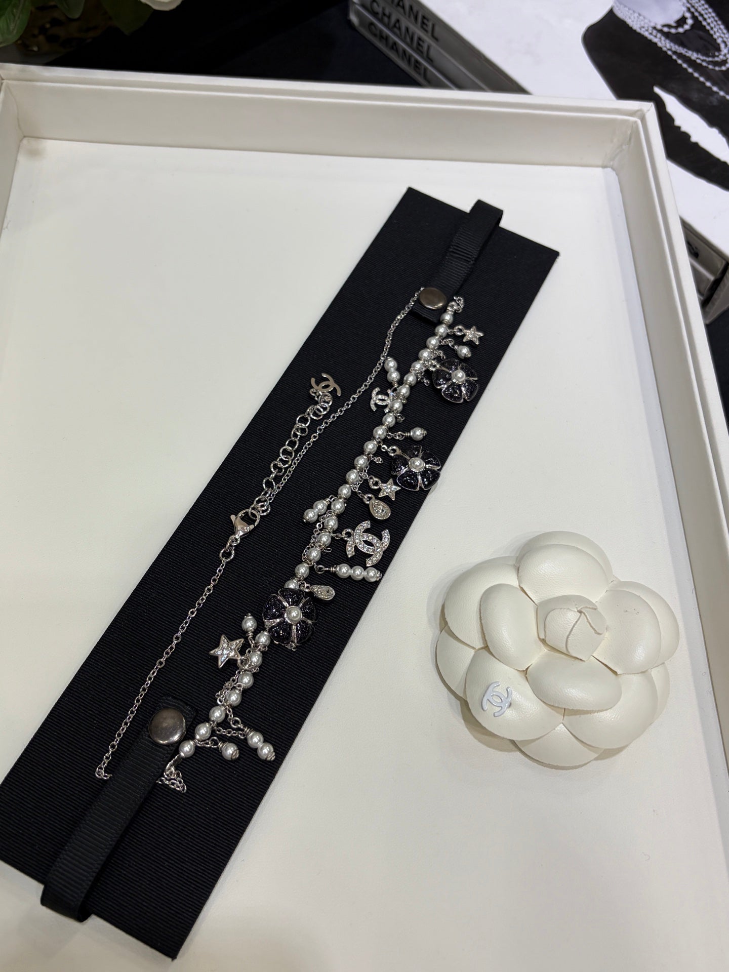 Chanel 2026 Silver Double C Black Flower Pearl Tassel Necklace