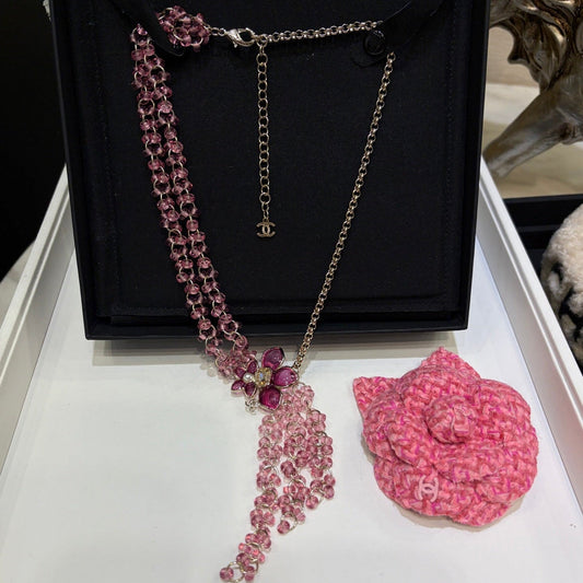 Chanel 2026 Double C Pink Beaded Asymmetrical Flower Necklace