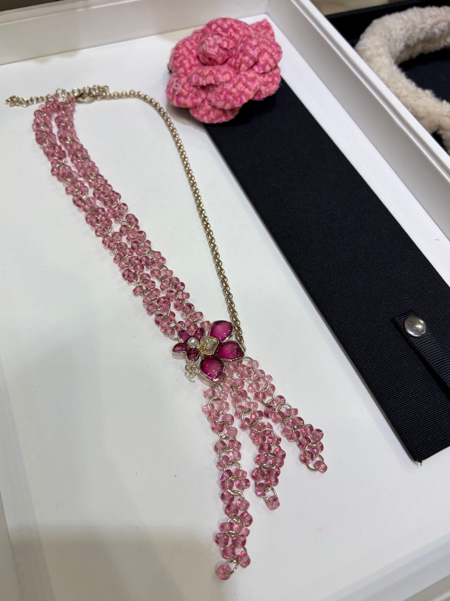 Chanel 2026 Double C Pink Beaded Asymmetrical Flower Necklace