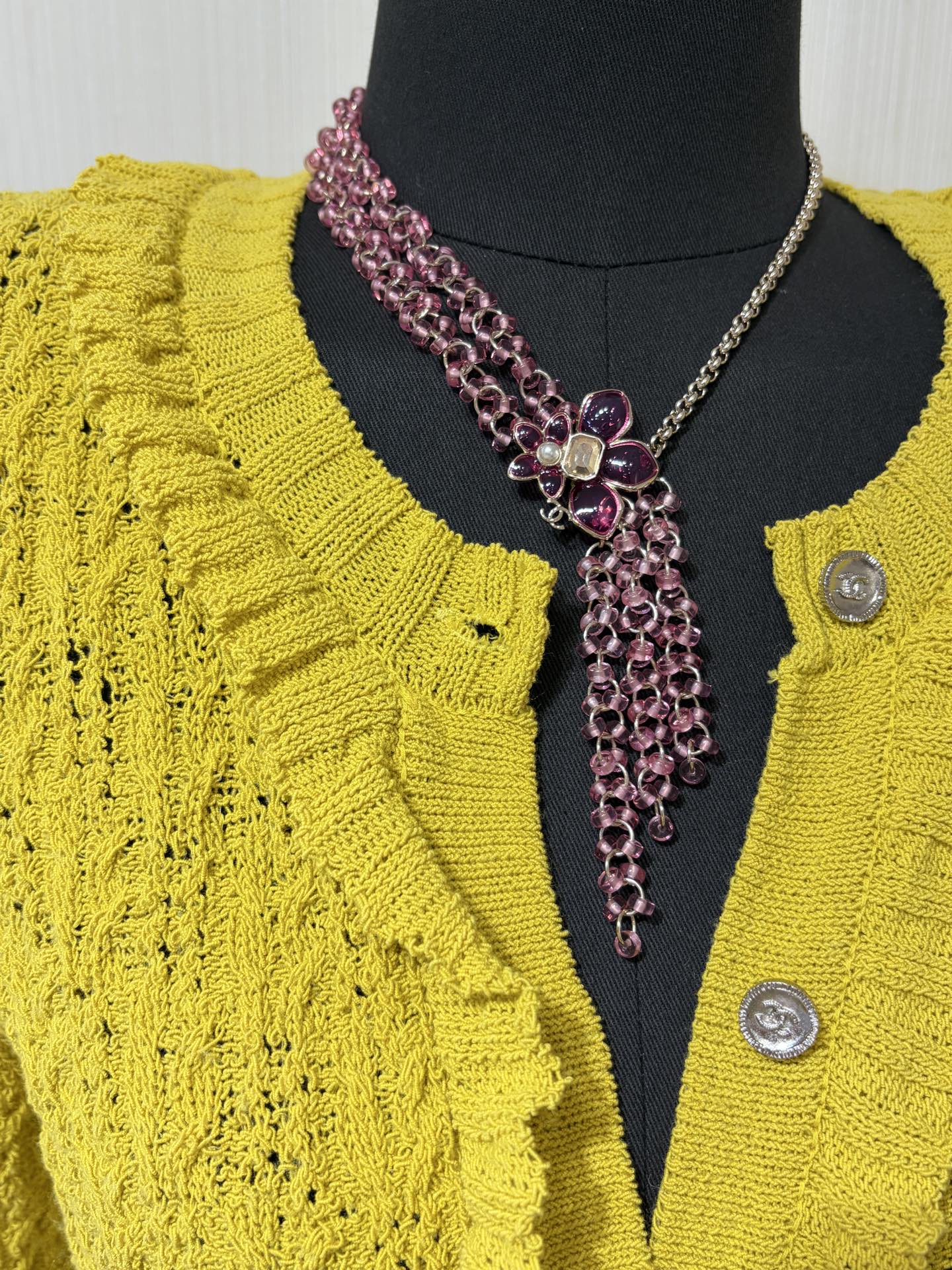 Chanel 2026 Double C Pink Beaded Asymmetrical Flower Necklace