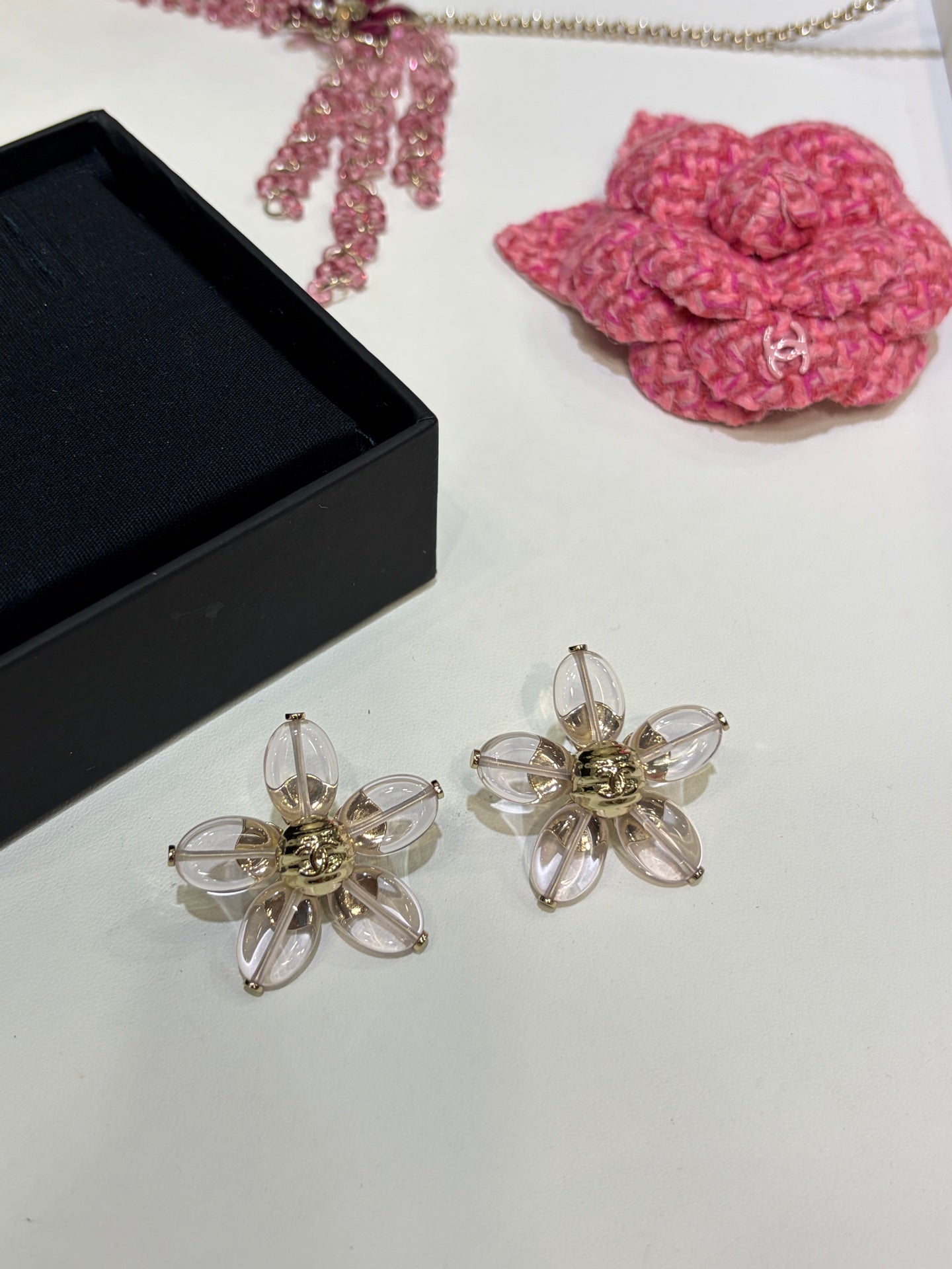 Chanel 2026 Gold Double C Transparent Flower Stud Earrings