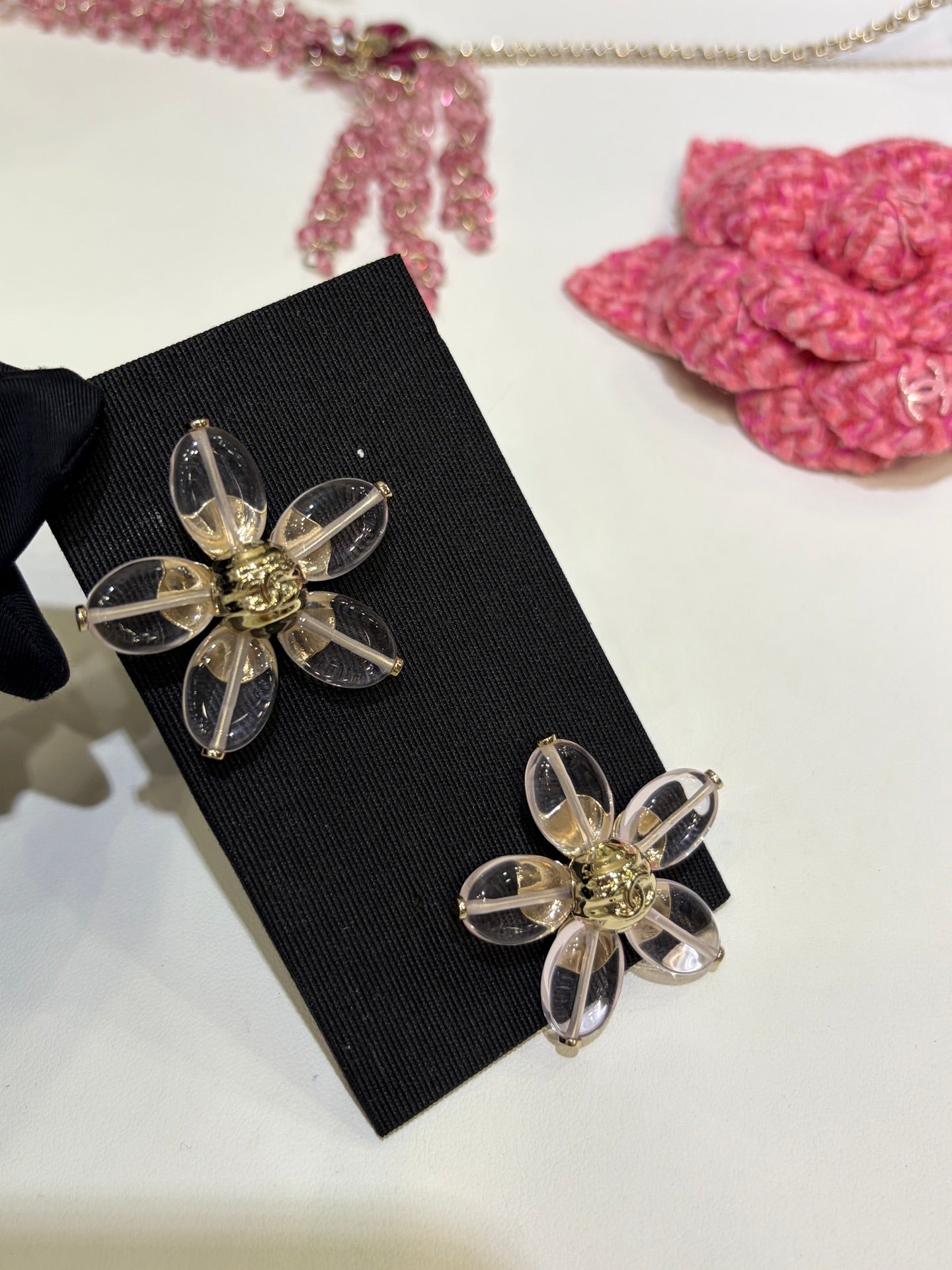 Chanel 2026 Gold Double C Transparent Flower Stud Earrings
