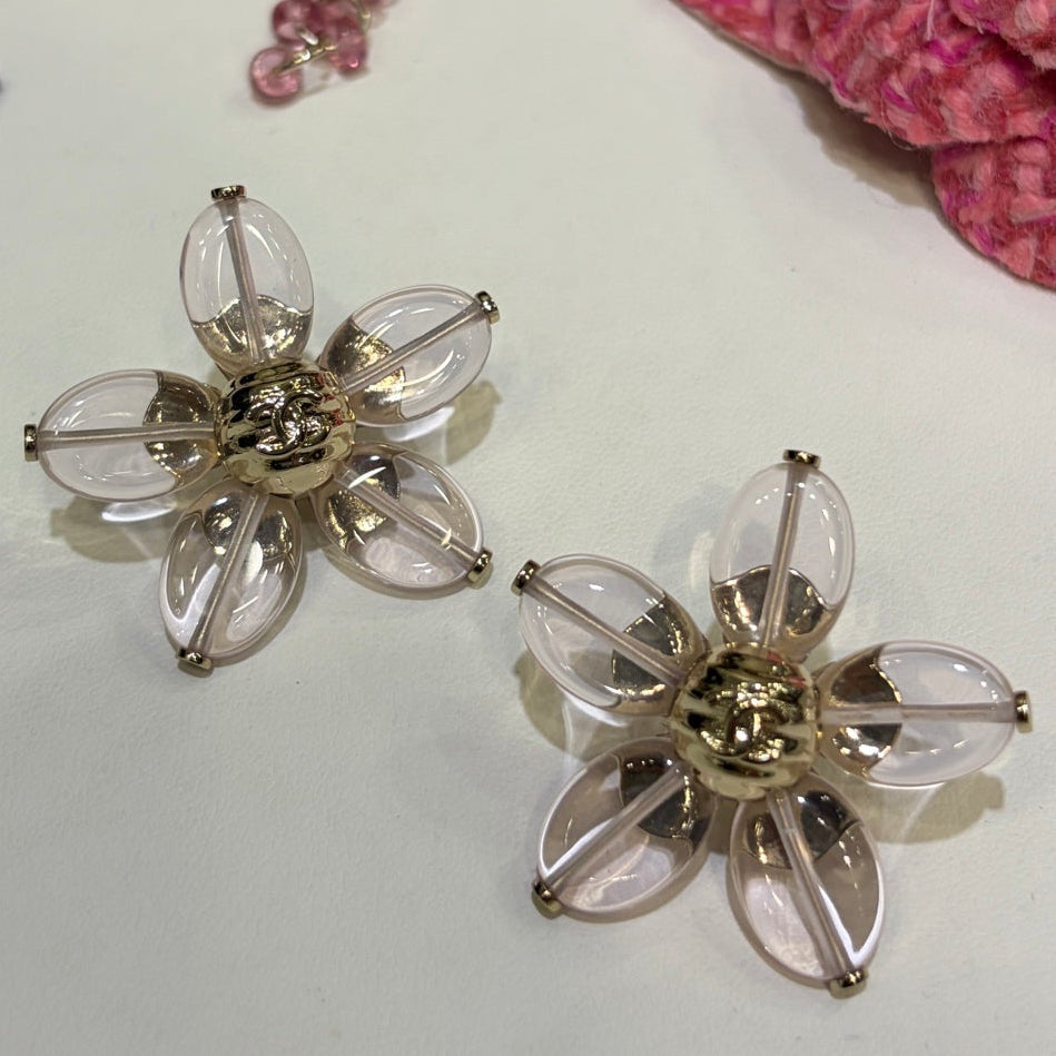 Chanel 2026 Gold Double C Transparent Flower Stud Earrings