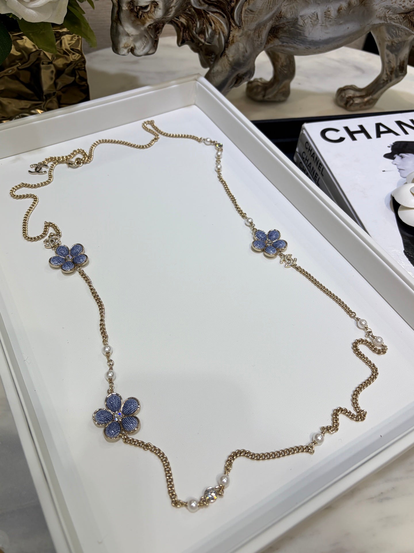 Chanel 2026 Gold Double C Denim Flower Enamel Necklace