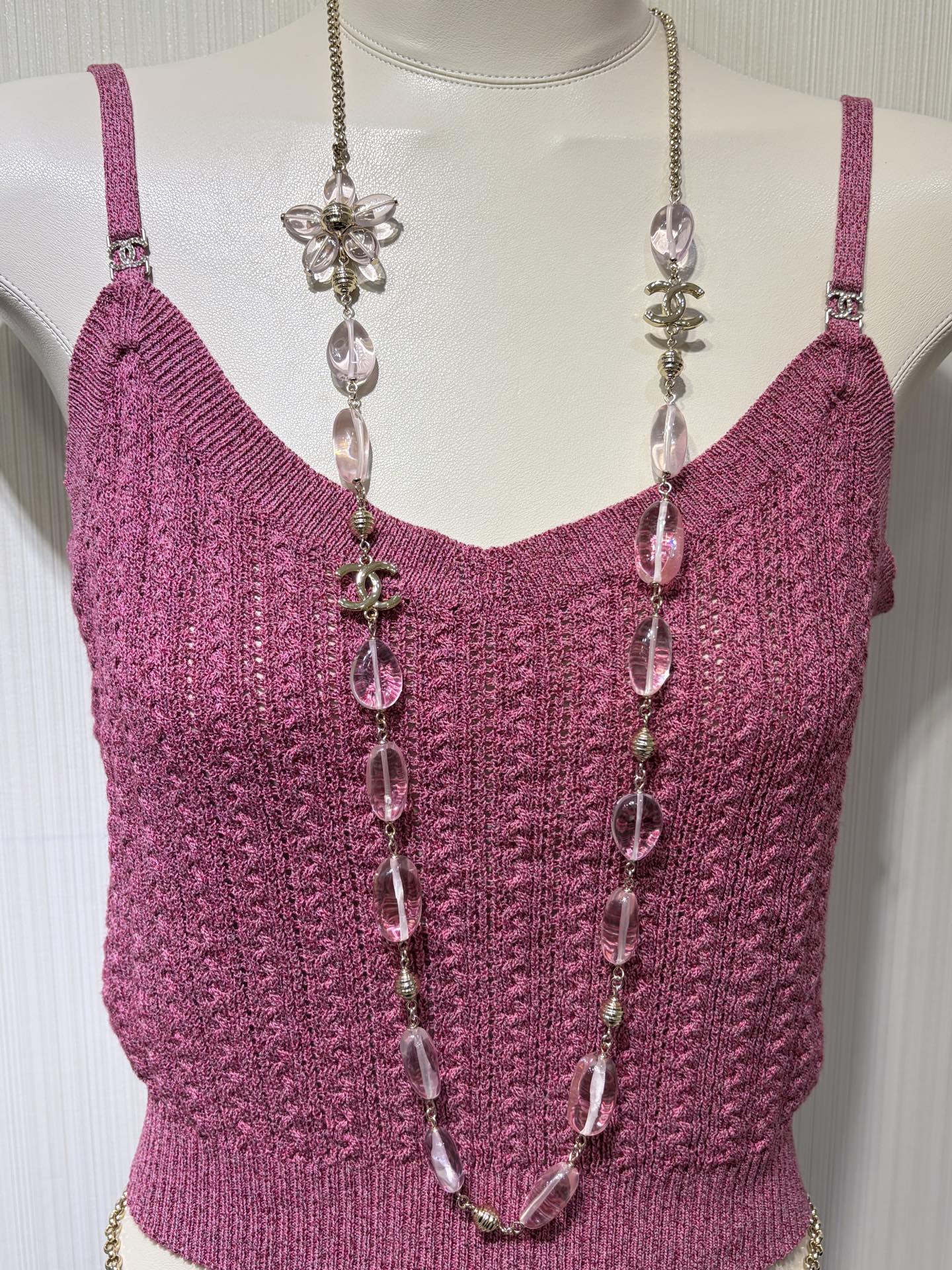 Chanel 2026 Double C Pink Floral Acrylic Beaded Necklace