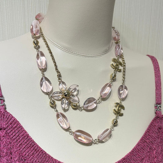 Chanel 2026 Double C Pink Floral Acrylic Beaded Necklace