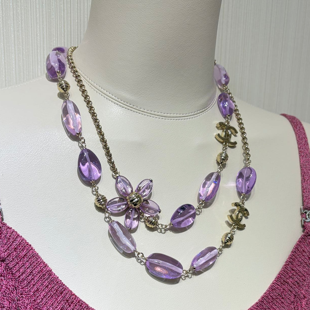 Chanel 2026 Double C Purple Floral Acrylic Beaded Necklace