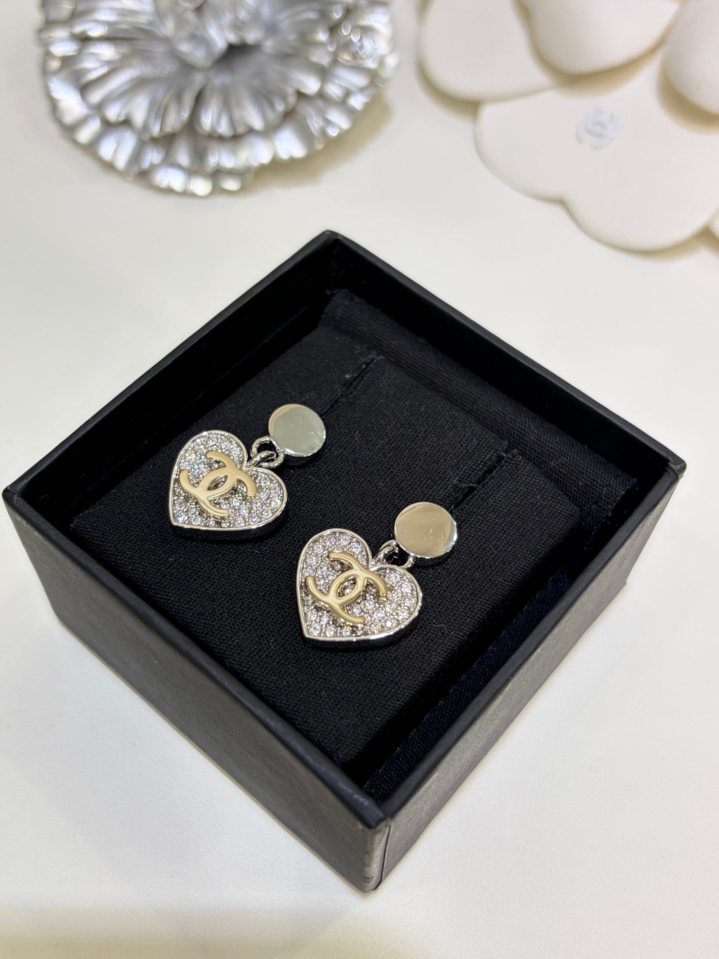 Chanel 2026 Double C Full Diamond Heart Pendant Button Earrings