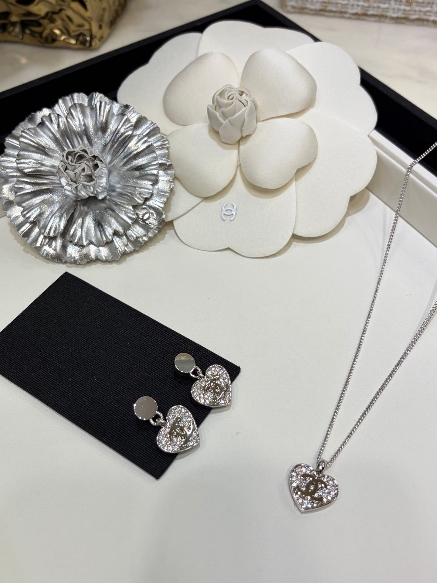 Chanel 2026 Double C Full Diamond Heart Pendant Button Earrings