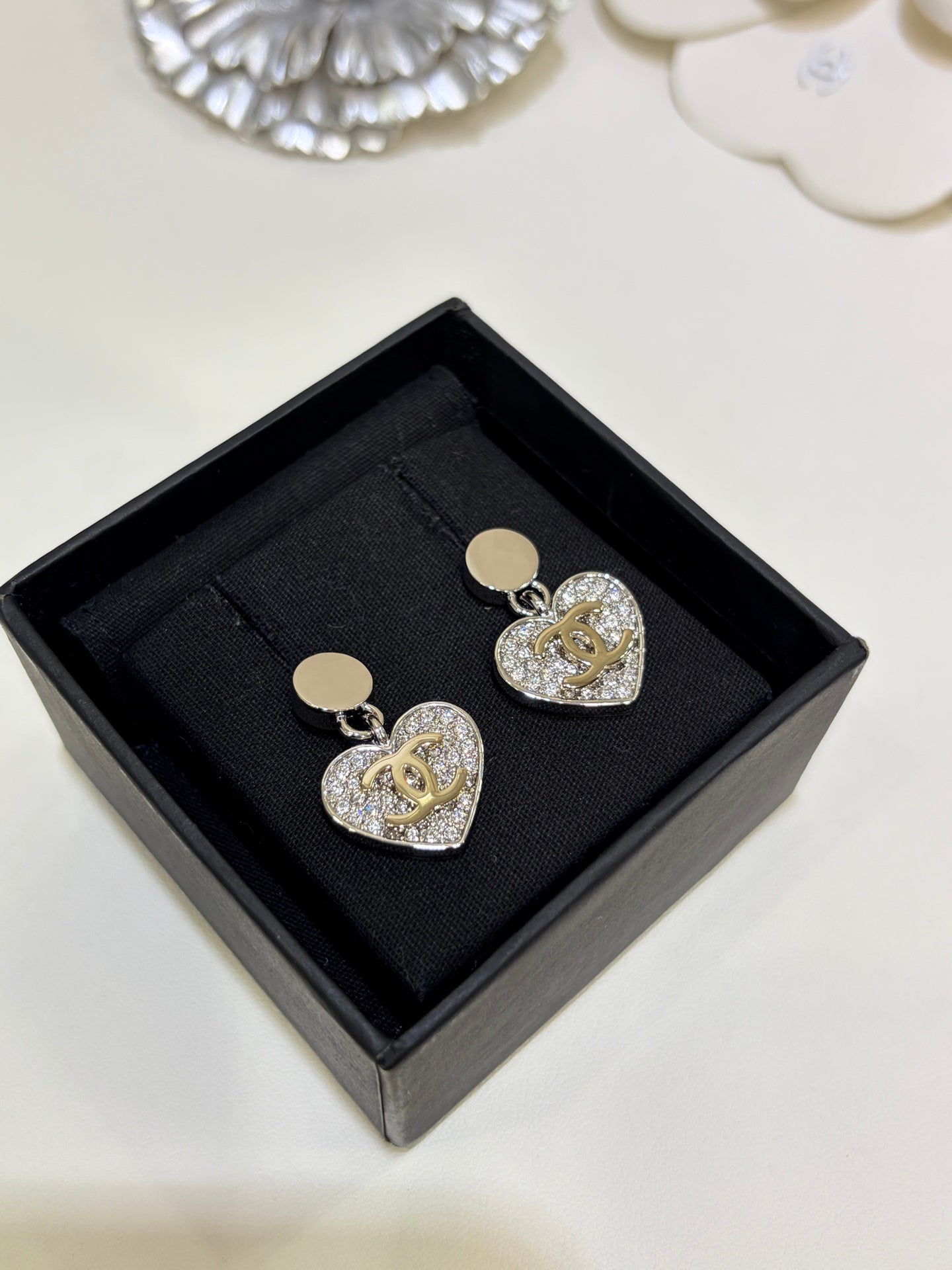 Chanel 2026 Double C Full Diamond Heart Pendant Button Earrings