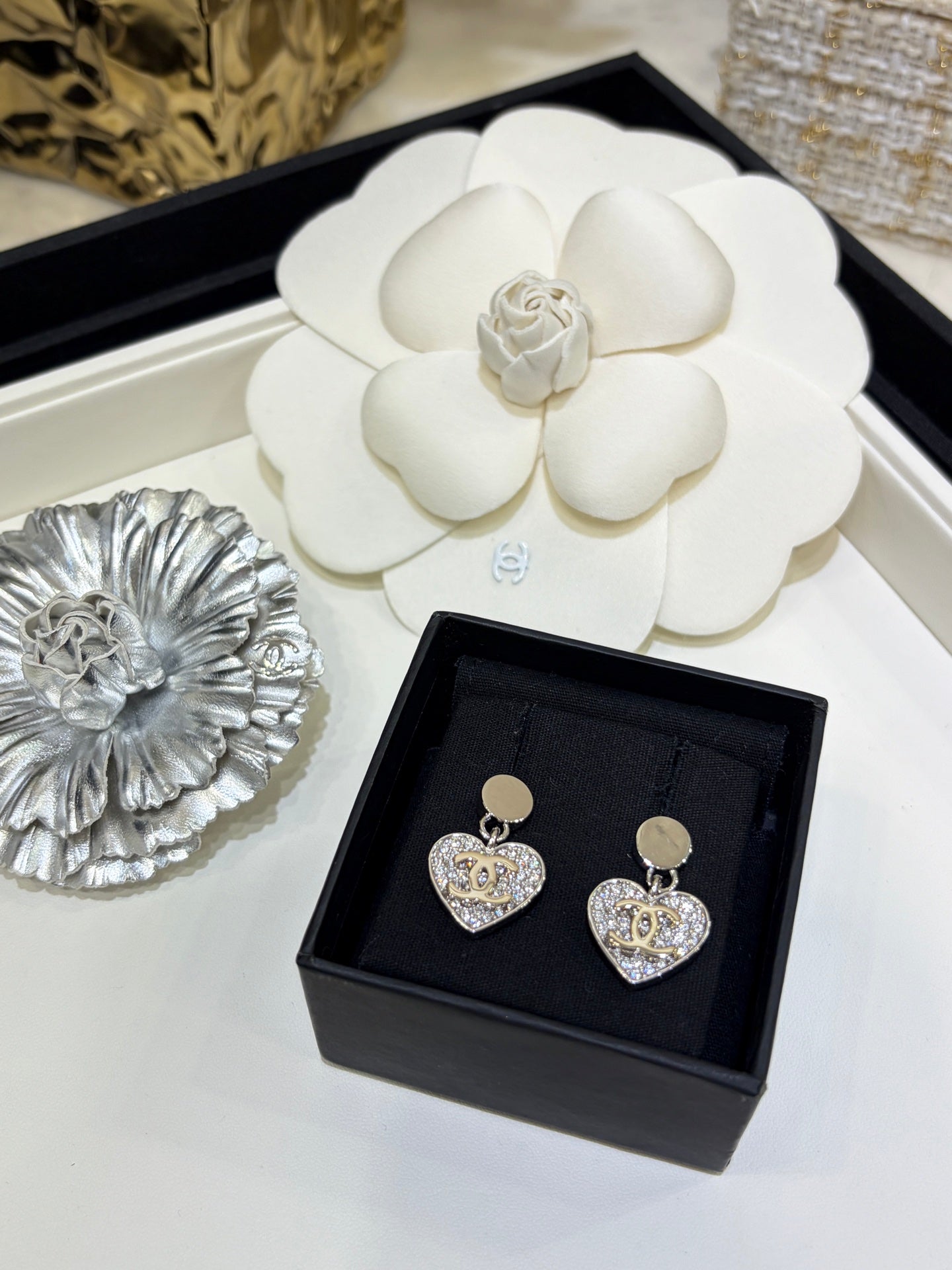 Chanel 2026 Double C Full Diamond Heart Pendant Button Earrings
