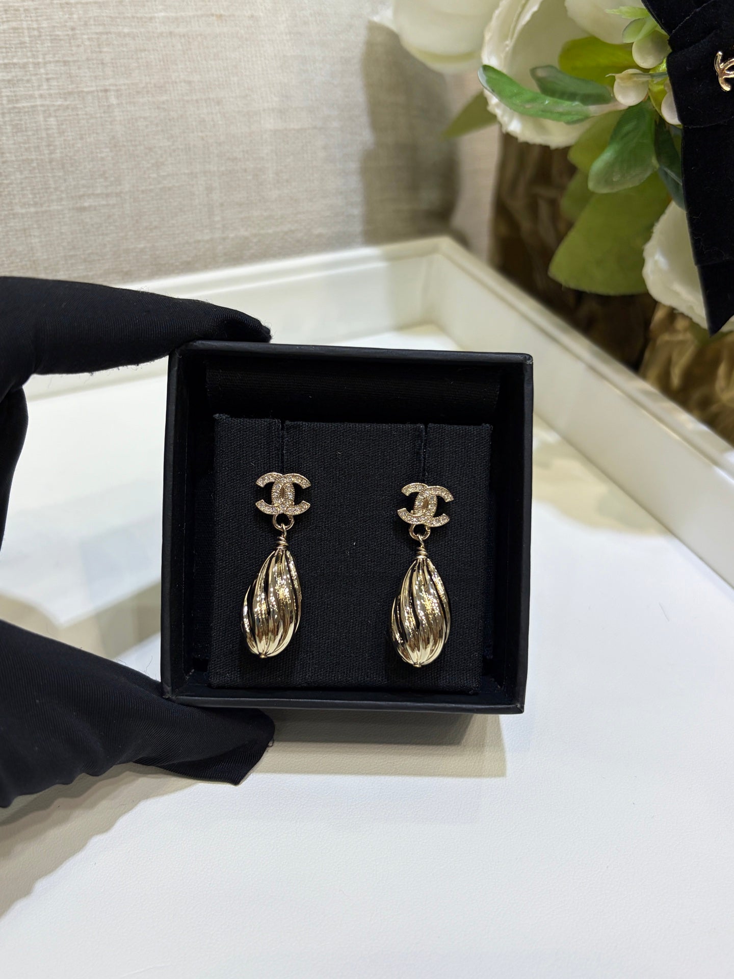 Chanel 2026 Gold Crystal Double C Metal Teardrop Earrings