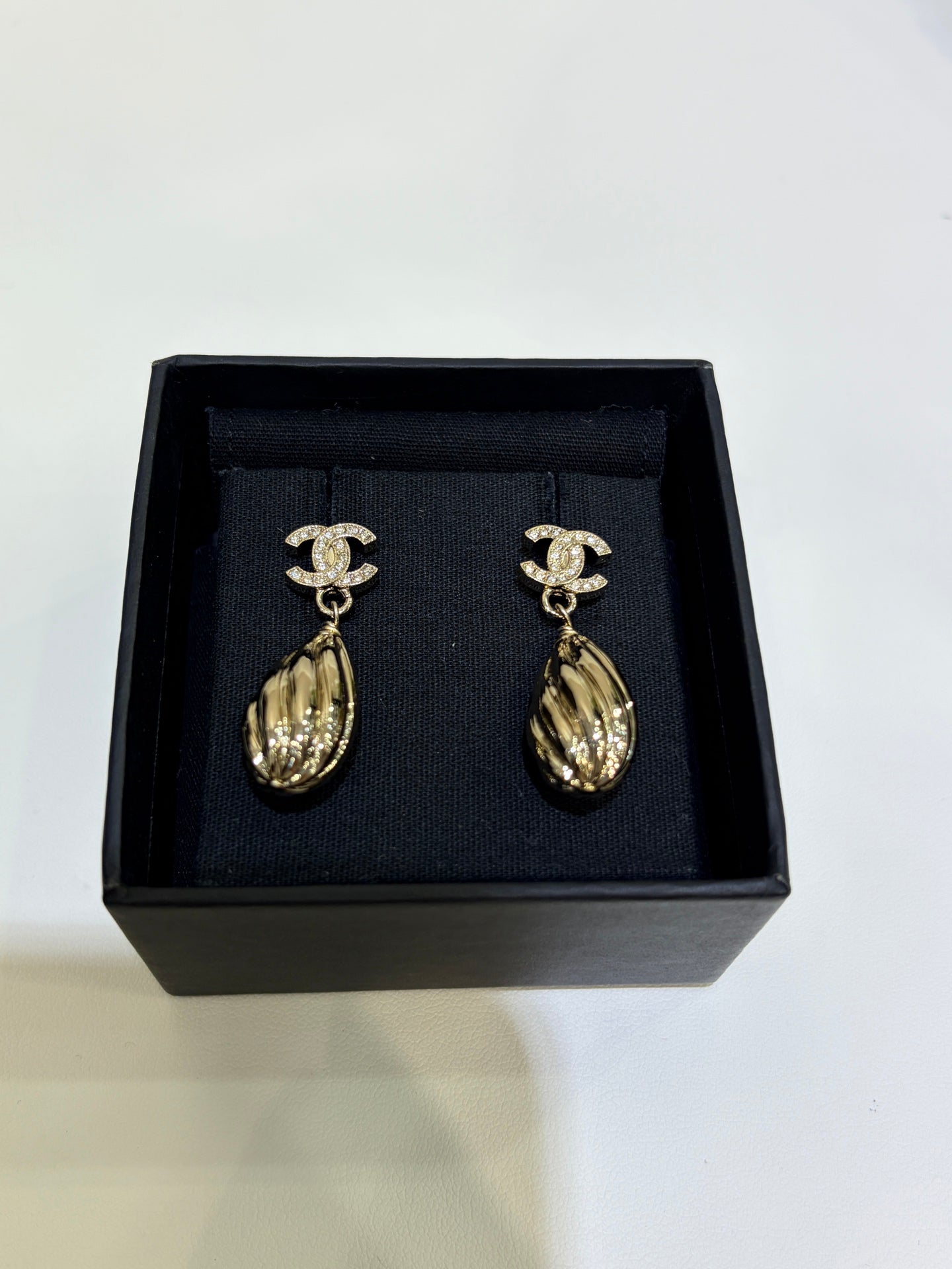 Chanel 2026 Gold Crystal Double C Metal Teardrop Earrings