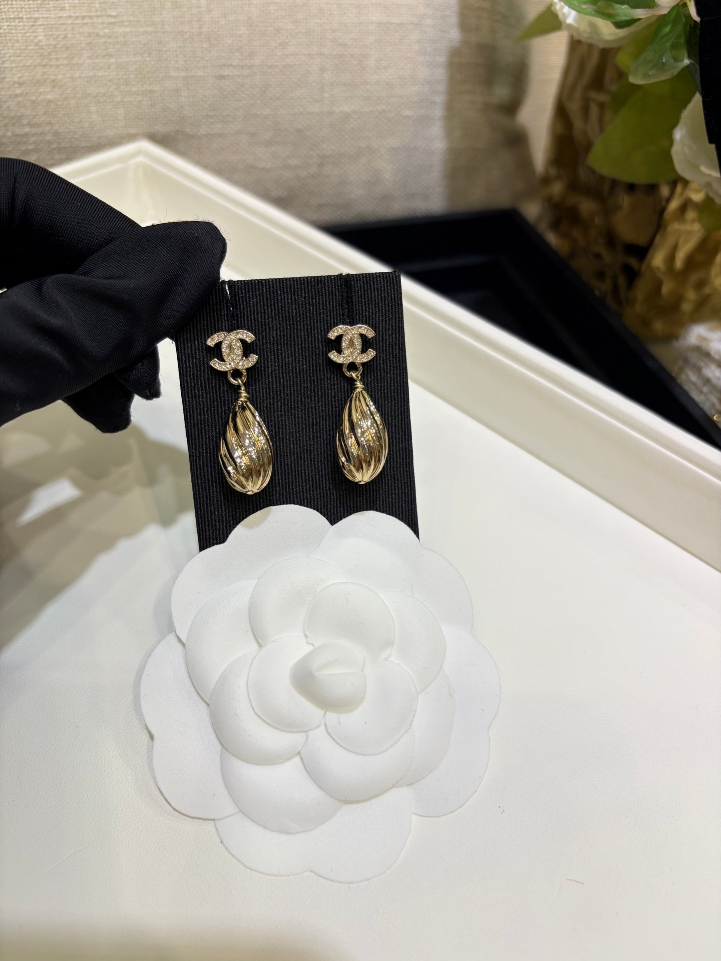 Chanel 2026 Gold Crystal Double C Metal Teardrop Earrings
