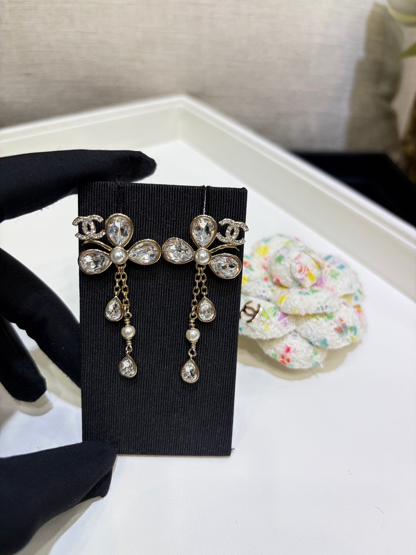 Chanel 2026 Gold Full Diamond Double C Lucky Clover Crystal Earrings