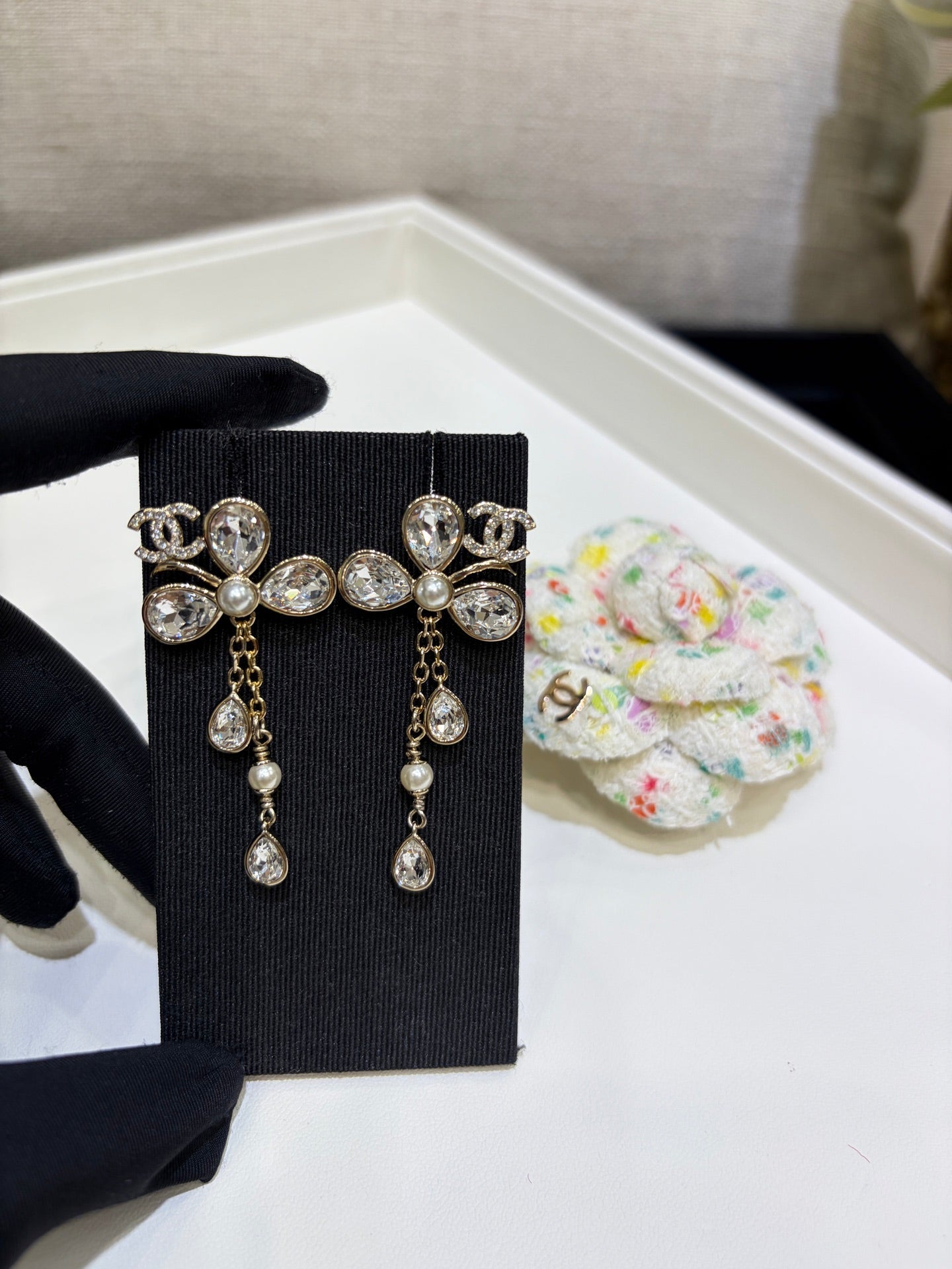 Chanel 2026 Gold Full Diamond Double C Lucky Clover Crystal Earrings