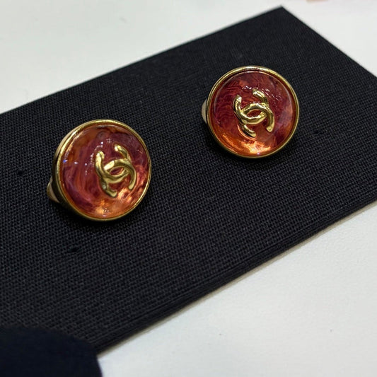 Chanel Gripoix Earrings With Gold Chanel Logo And Red Glass Stones