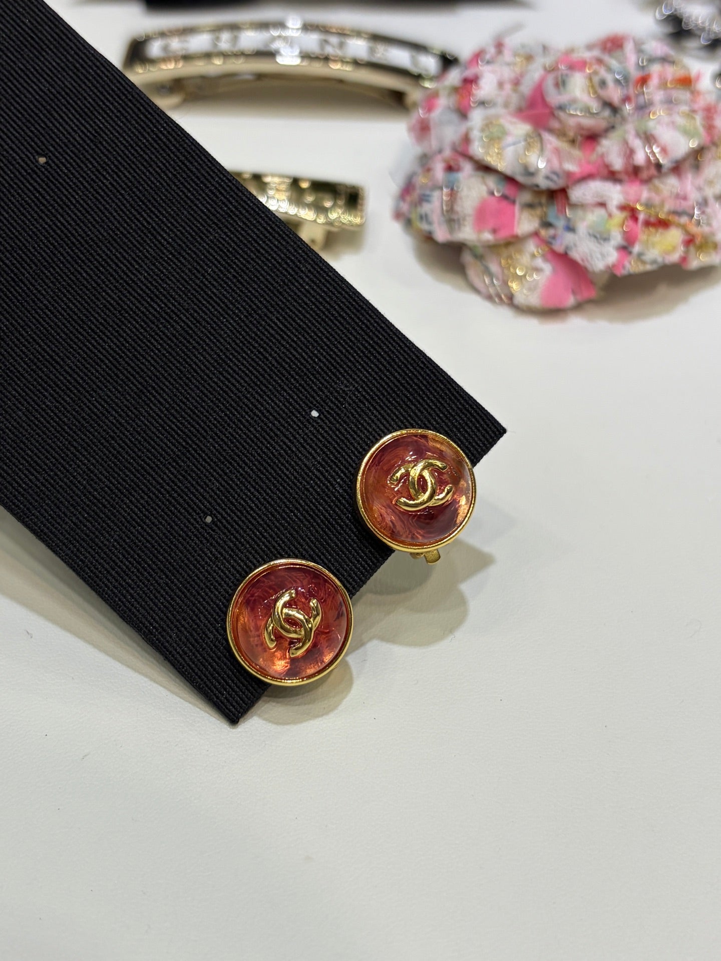 Chanel Gripoix Earrings With Gold Chanel Logo And Red Glass Stones