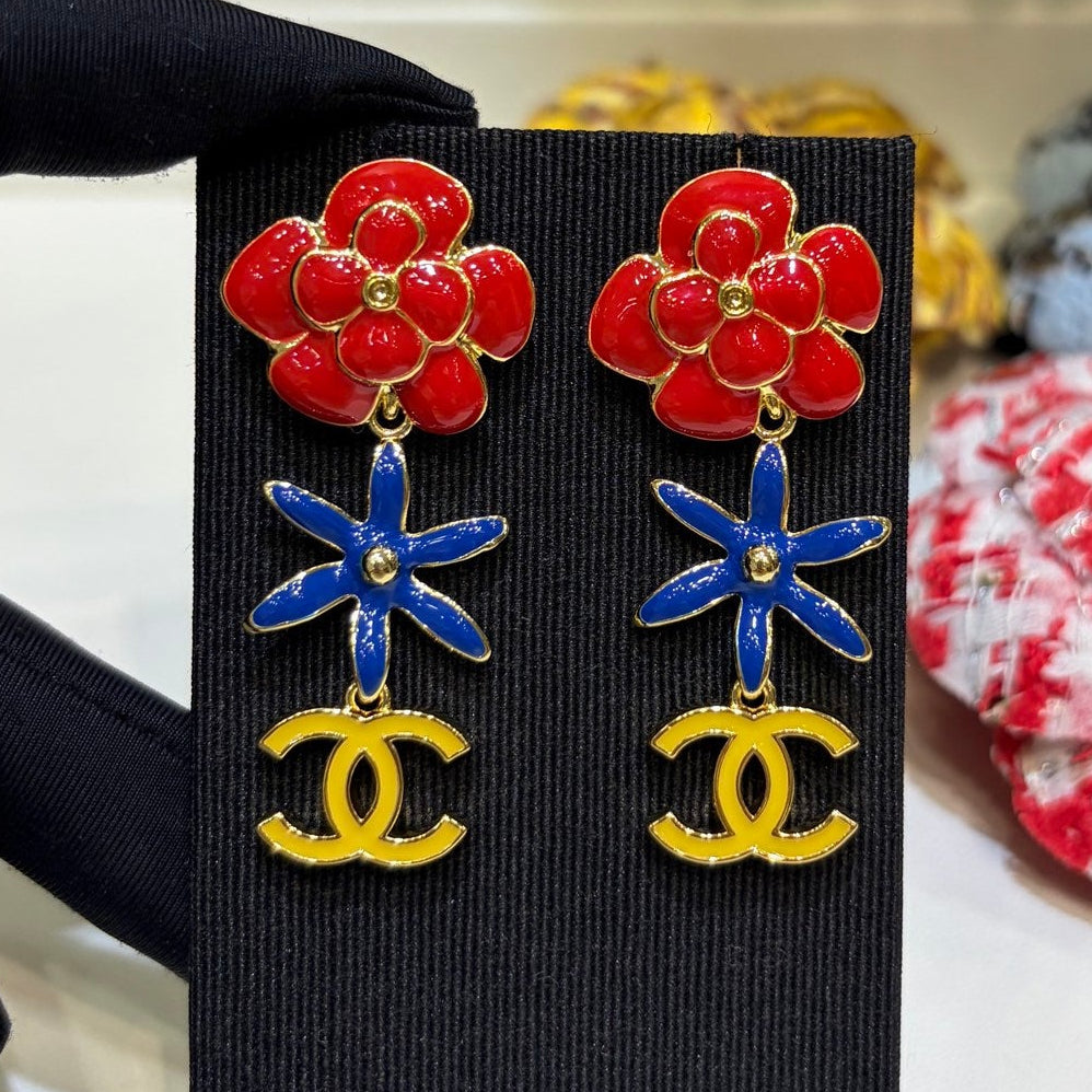 Chanel 2026 Gold Double C Enamel Flower Long Stud Earrings