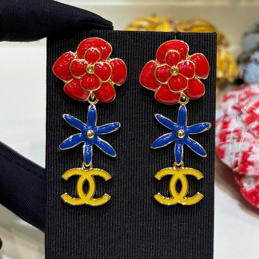Chanel 2026 Gold Double C Enamel Flower Long Stud Earrings